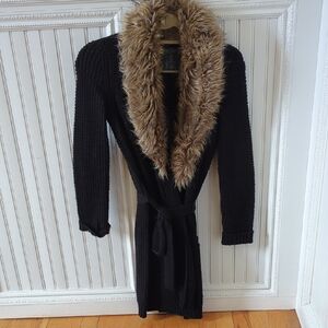 Ralph Lauren Black Cardigan with Tan Fur Trim